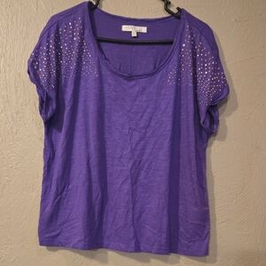 Ellen Tracy Purple Short Sleeve Studded Tee